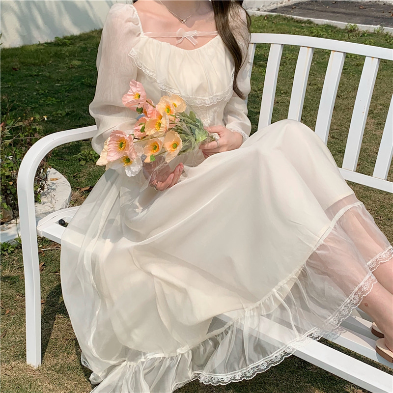 [당일출고][연말파티/송년회]복고 셀프웨딩 코르셋 프릴 원피스 드레스