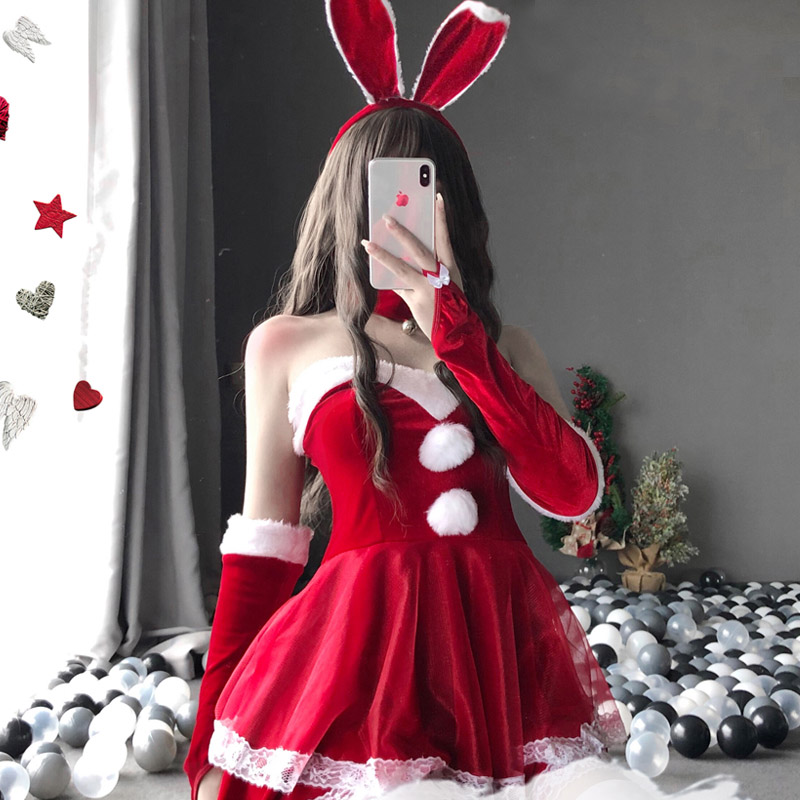 [핑크S/XL 당일출고]토끼귀 할로윈 산타 코스프레 크리스마스 원피스(소품증정)