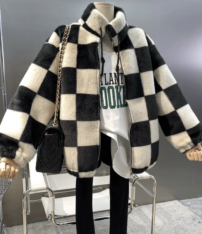 [당일출고][브라운/블랙] 하이넥 체커보드 퍼 자켓 겨울상품